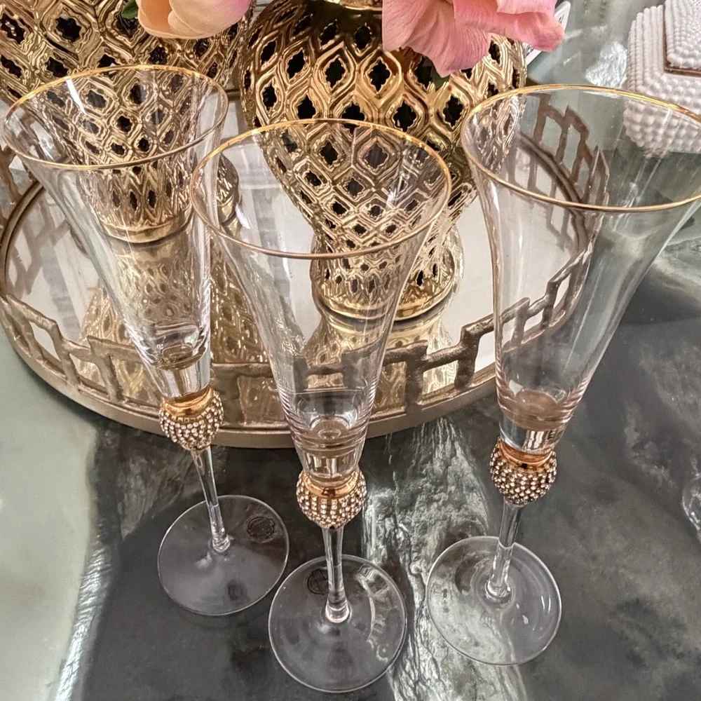 Set of 3 Z Gallerie Elegant Gold and Clear Champagne Flutes